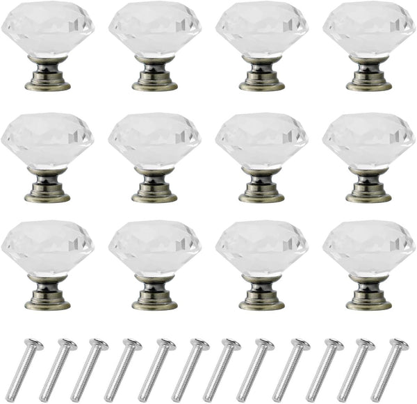 YourGift 12 Pack Diamond Shaped Crystal Glass Drawer Knobs, 30mm Cabinet Pull Handles (Bronze)