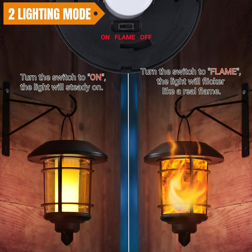 2 Pack Dynaming Solar Flame Wall Lanterns, Outdoor Solar Wall Hanging Lights, Flickering Flame LED Lights Auto On/Off