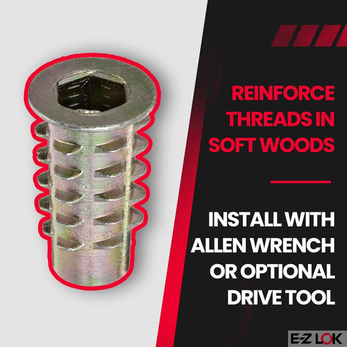 E-Z LOK M6-1.0 Threaded Insert for Soft Wood, Zinc Hex-Flanged, 20 mm Length, Pack of 50