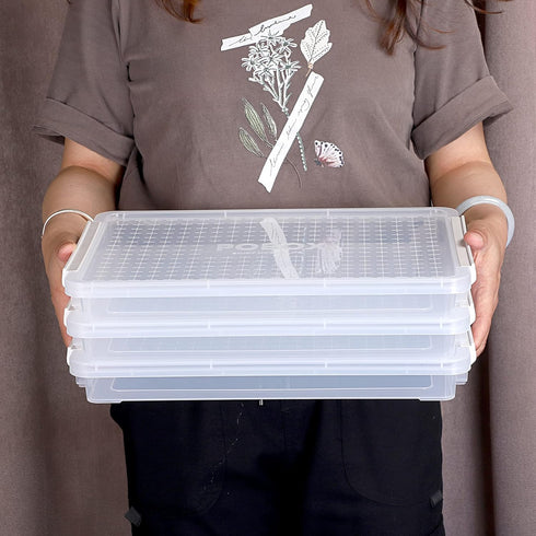 BTSKY 4 Pack A4 Plus Clear Plastic Stackable Storage Box, Desk Paper Magazine Container with Buckle for Organizing