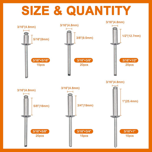 ISPINNER 100pcs Aluminum Blind Rivets Assortment Kit, 6 Sizes, 3/16" x (5/16" 3/8" 1/2" 5/8" 3/4") Silver