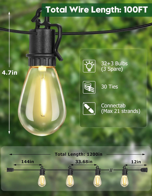 100FT 35 S14 Bulbs E12 Sockets,2700K Dimmable Lights,IP55 Outdoor String Lights with Shatterproof Patio Deals Vintage
