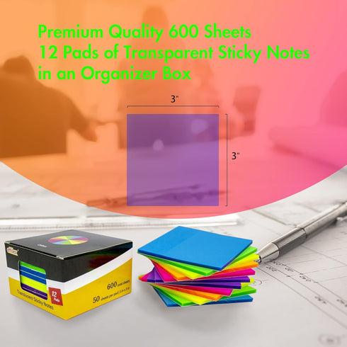 Transparent Sticky Notes, Pack of 12 Pads, 3" x 3" Translucent Sticky Notes Set, 600 Sheets for Annotating