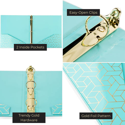 Blu Monaco Cute 3 Ring Binders for School, College, Recipes, Work, Photos - Set of 2 Fancy Aqua Pastel Binders with Gold Foil Design Pattern - 1 Inch Pretty Binder with 2 pockets and Easy Open Clips by BLU MONACO