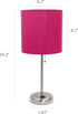 LC2001-PNK-2PK Set 2 Pack Set Simple Designs Brushed Steel Stick Table Lamp with Charging Outlet and Pink Fabric