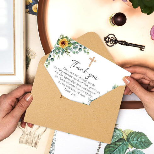 50 Whaline Pcs Funeral Thank You Card Sunflower Eucalyptus Sympathy Thank You Card with Sticker Envelope Greenery