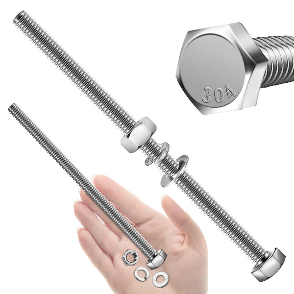 (5 Sets) 5/16-18x5" Hex Head Stainless Steel Bolts and Nuts with Flat & Lock Washers, Fully Threaded Kit
