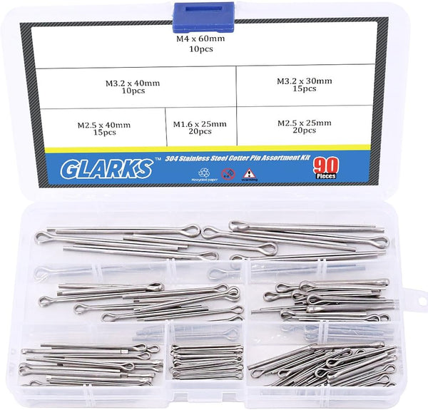 Glarks 90Pcs 304 Stainless Steel Cotter Pin Clip Assortment Kit - Key Fastener Fitting