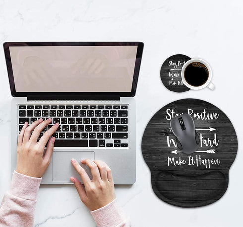 Ergonomic Wrist Mouse Pad with Cup Coaster, Inspirational Quote Art on Rustic Wood, Non-Slip PU Base for Home Office