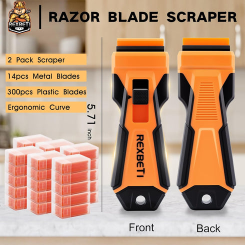 2 Pack 314Pcs -14Pcs 300Pcs REXBETI Razor Blade Scraper Tool, Razor Scraper with Extra Razor Blades Metal and Plastic