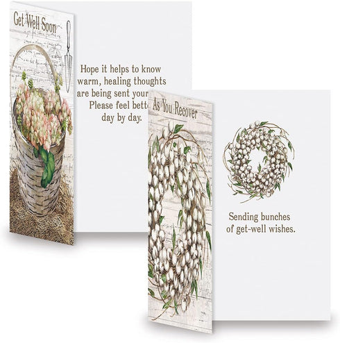 Farmhouse Get Well Greeting Cards - Set of 8 (4 Designs), Large 5" x 7", Sympathy Cards with Envelopes