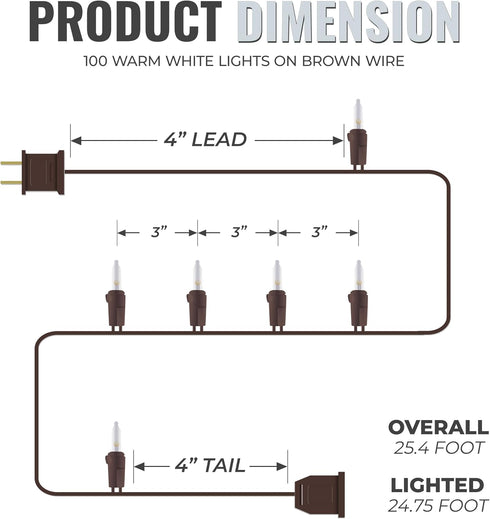 612 100 24.75 25.4 Vermont Clear LED Christmas String Lights on Brown Wire Cord, UL Approved, Indoor and Outdoor Use