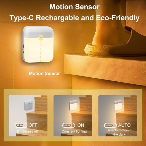 2 Pack Motion Sensor Night Light, Rechargeable Battery Night Lights Warm White, Portable Mini Motion Activated Night