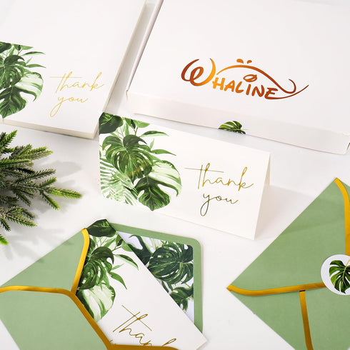 50 Packs Summer 4 6 Inch Whaline Gold Foil Thank You Cards Tropical Greenery Leaves Greeting Cards Monstera Blank Note