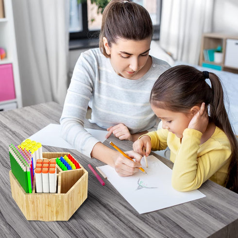 Bamboo Art Supply Organizer, Rotating Holder for 350+ Pencils, Desktop Storage Caddy for Classroom