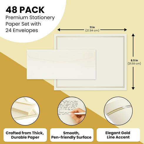 Set 48 8.5x11 Inch 24 Premium Letter Writing Stationery with Envelopes Sheets of Ecru Paper with Gold Border & Writing
