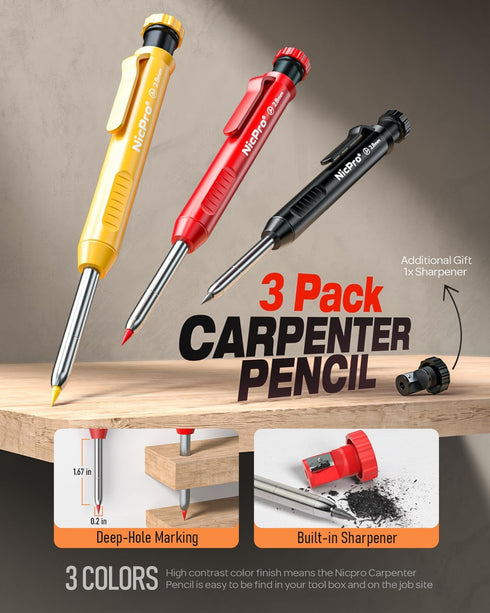 Nicpro 3 Pack Carpenter Pencil with Sharpener, Mechanical Carpenter Pencils with 39 Refills, Deep Hole Marker Construction Heavy Duty Woodworking Pencils for Architect (Red, Black, Yellow)- With Case by Nicpro