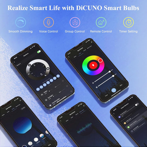 Bulbs, Bulb Dimmable, A19 E26 9W 800LM 2.4Ghz 2 Pack DiCUNO Smart Light Wi-Fi Bluetooth LED Lights, Multi Colors