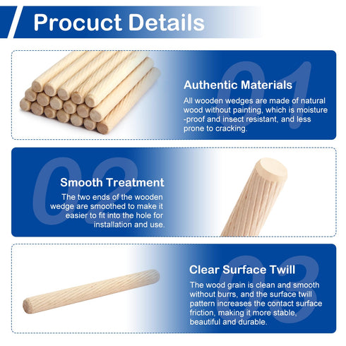 MroMax 20Pcs Wooden Dowel Pins - 8 x 30mm, Approx 5/16" x 1-3/16" Fluted Beveled Hardwood for Furniture DIY Projects
