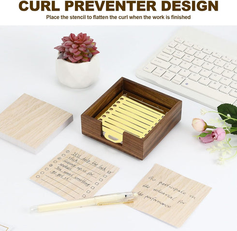 Buqoo Wood Sticky Note Holder with Metal Stencil, 2 Sticky Notes 3"x3", Organizer for To Do Lists