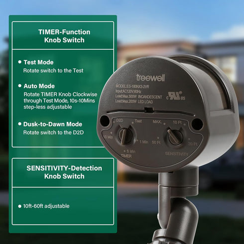 treewell 180-Degree 60 3 Motion Sensor, Replacement Motion Detector, Adjustable Time & Detection Sensitivity Up to Feet