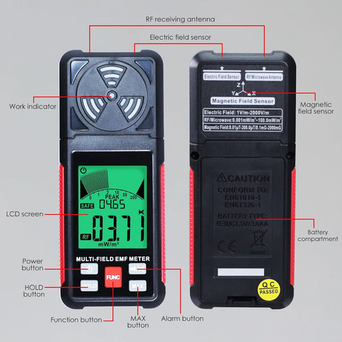 EMF Meter 3-in-1 Portable Electromagnetic Field Radiation Detector, Handheld EMF Tester with Digital LCD Alarm for
