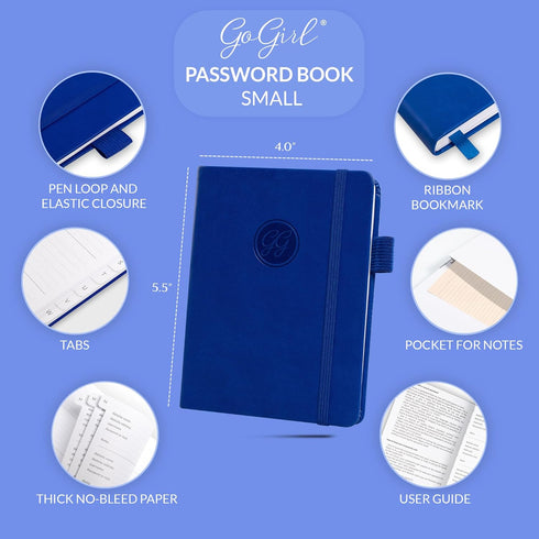GoGirl Password Book with Alphabetical Tabs - Internet Address & Password Keeper Logbook, Pocket Size, Royal Blue