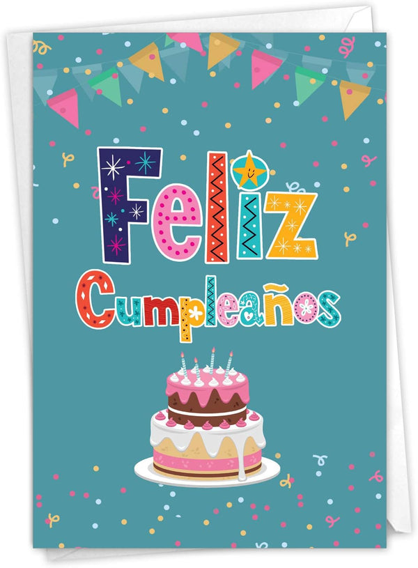 NobleWorks Spanish Birthday Card with Envelope, Hispanic Latino Celebration Card, Feliz Cumpleanos