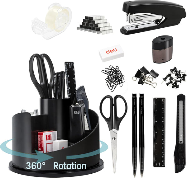 deli Office Supplies Set, 1045 Pcs Desk Accessory Organizer Kit, Stapler, Rotating Pen Holder, Tape Dispenser, Black