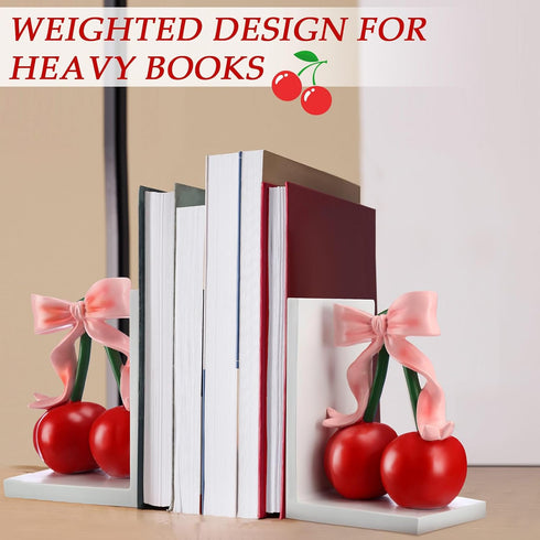 Wovnet 2 Pcs Pink Bow Cherry Bookends Wooden Pink Bookends Shelves Coquette Room Decor Cute Cherry Figurine Book Ends