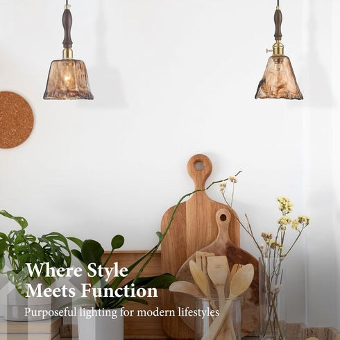 6"x11.5" 15"-72" E26 Modern Amber Glass Pendant Light, Floral Bell-Shaped Hanging Light with Wood Handle & Brass Cap