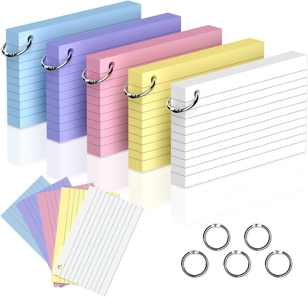 Gehanfai 250 Count Colored 3 x 5 Inch Index Cards with Ring, Ruled