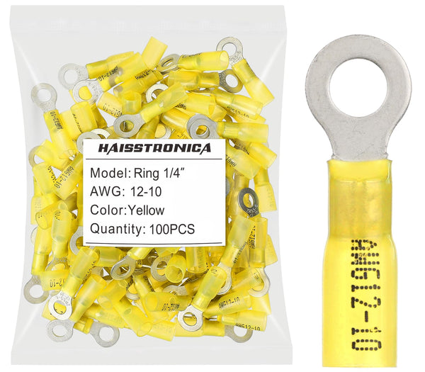 haisstronica 100pcs 1/4" Yellow Marine Grade Heat Shrink Ring Connectors, 12-10 Gauge Tinned Copper