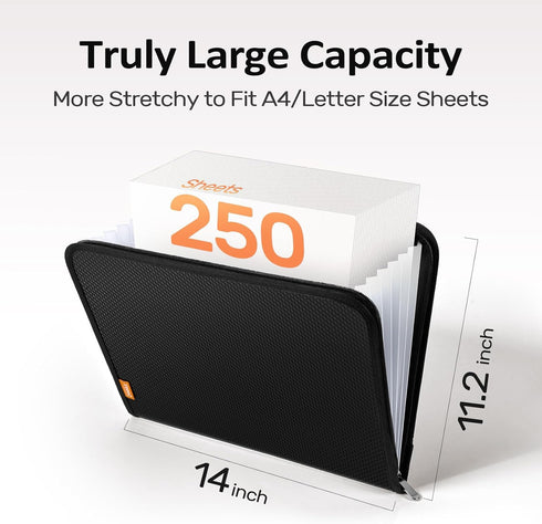 Sooez Accordion File Organizer with Zipper, 7 Pockets Expanding Folder, Heavy Duty, Portable, Black