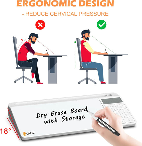 SELEAD Desktop Glass Whiteboard with Calculator & Built-in Mirror, Dry Erase White Board Computer Pad with Organizer