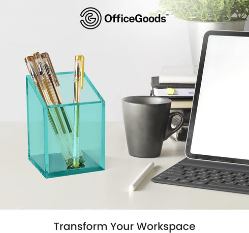 OfficeGoods Acrylic Pen & Pencil Holder, Modern Trapezoid Design Desk Organizer for Home or Office, Green