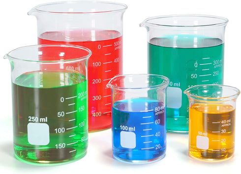 Glass Measuring Low Form Beaker Set, Graduated Beaker Set (50ml + 100ml + 250ml + 400ml + 600ml)
