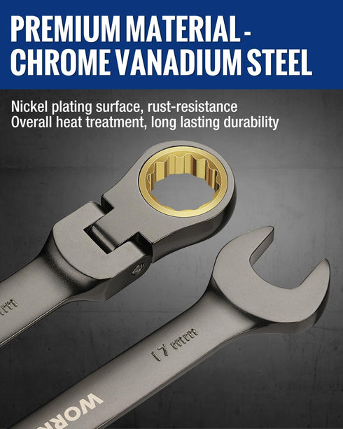 8-piece Set, 9-17 mm, 72-Teeth, WORKPRO Flex-Head Ratcheting Combination Wrench Metric Cr-V Constructed, Nickel Plating