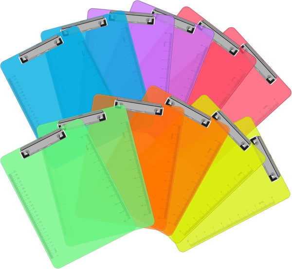 Plastic Clipboards, PANDRI 12 Pack Clear Colored Clipboards, Low Profile Clip Board 12.5 x 9 Inch Standard Size, Office