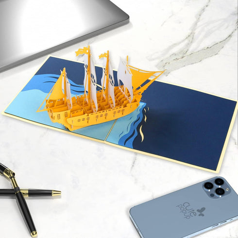 CUTE POPUP Shining Glory Boat Pop Up Card - Premium Handcrafted 3D Nautical Greeting Card for Sailors