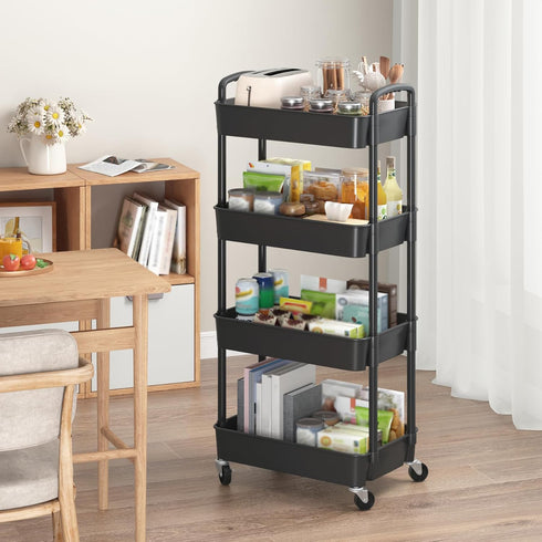4-Tier Sywhitta Plastic Rolling Utility Cart with Handle, Multi-Functional Storage Trolley for Office, Living Room