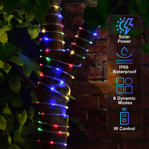 66FT 200 8 ANJAYLIA LED Solar Rope Lights Outdoor Waterproof, Solar Powered Rope String Light with Mode & Timer Remote