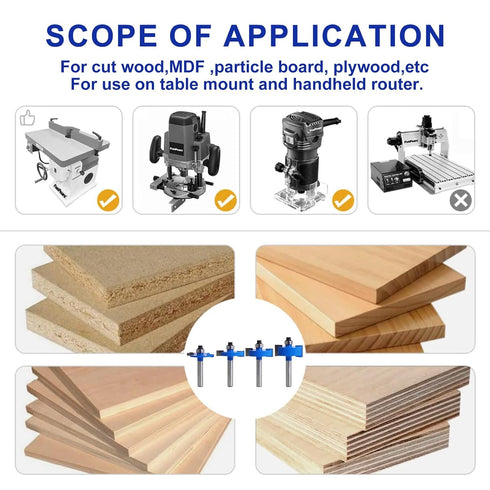 4Pcs 1/4" 6 Set, 1/16", 1/8", 3/16", 1/4", 5/16", 3/8" 1/2" 1/4" MNA Rabbet Router Bits Shank with Bearings Bearings