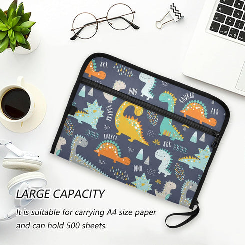 Cute Dinosaur Expanding File Folder with Sticky Labels, 13 Pocket Dark Blue Kids Accordion File Folder Document
