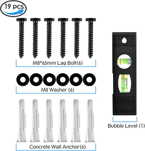 MOUNTUP Lag Bolt Kit for TV Wall Mount Comes with M8×65mm Lag Bolt & Washer for Wood Stud, Plastic Anchors for Concrete Wall, includes Bubble Level for Easy Installation, MU0041-B