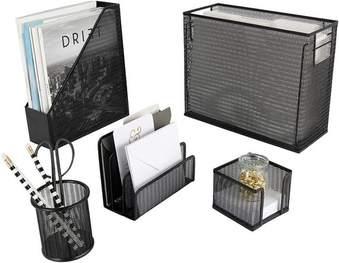 BLU MONACO 5 Piece Black Office Supplies Desk Organizer Set for Workspace Storage