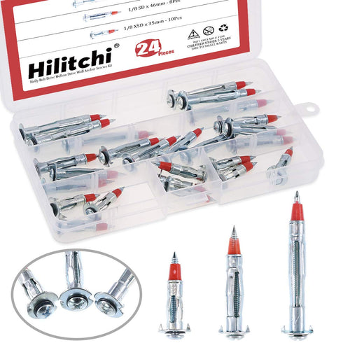 Hilitchi 24-Pcs Long Hollow Wall Drive Anchors Assortment Kit - Zinc Plated Steel Heavy Duty for Drywall