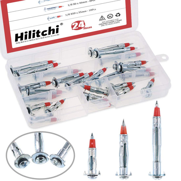 Hilitchi 24-Pcs Long Hollow Wall Drive Anchors Assortment Kit - Zinc Plated Steel Heavy Duty for Drywall