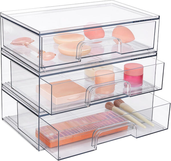 Vtopmart 12''W Clear Stackable Storage Drawers, 3 Pack Acrylic Plastic Organizers for Makeup Palettes, Bathroom, Desk