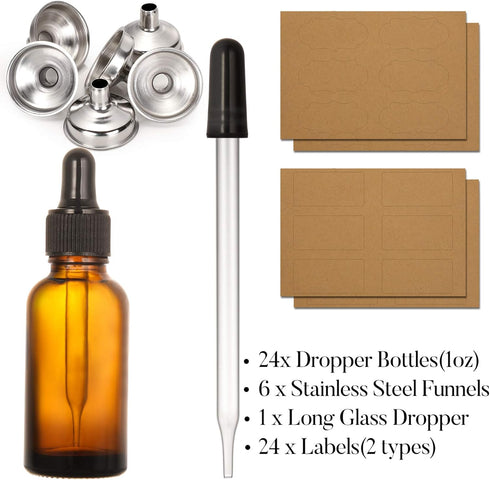 24 1 oz Dropper Bottles for Essential Oils with 6 Stainless Steel Funnels & 1 Long Glass Dropper - Amber Glass Tincture